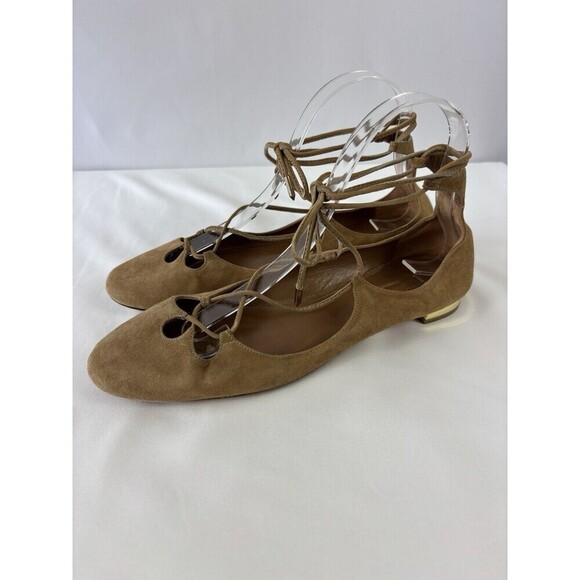 Aquazzura Firenze Dancer Lace Up Flats Camel Brown Tan Suede 38 7.5 Ankle Tie - Picture 2 of 8